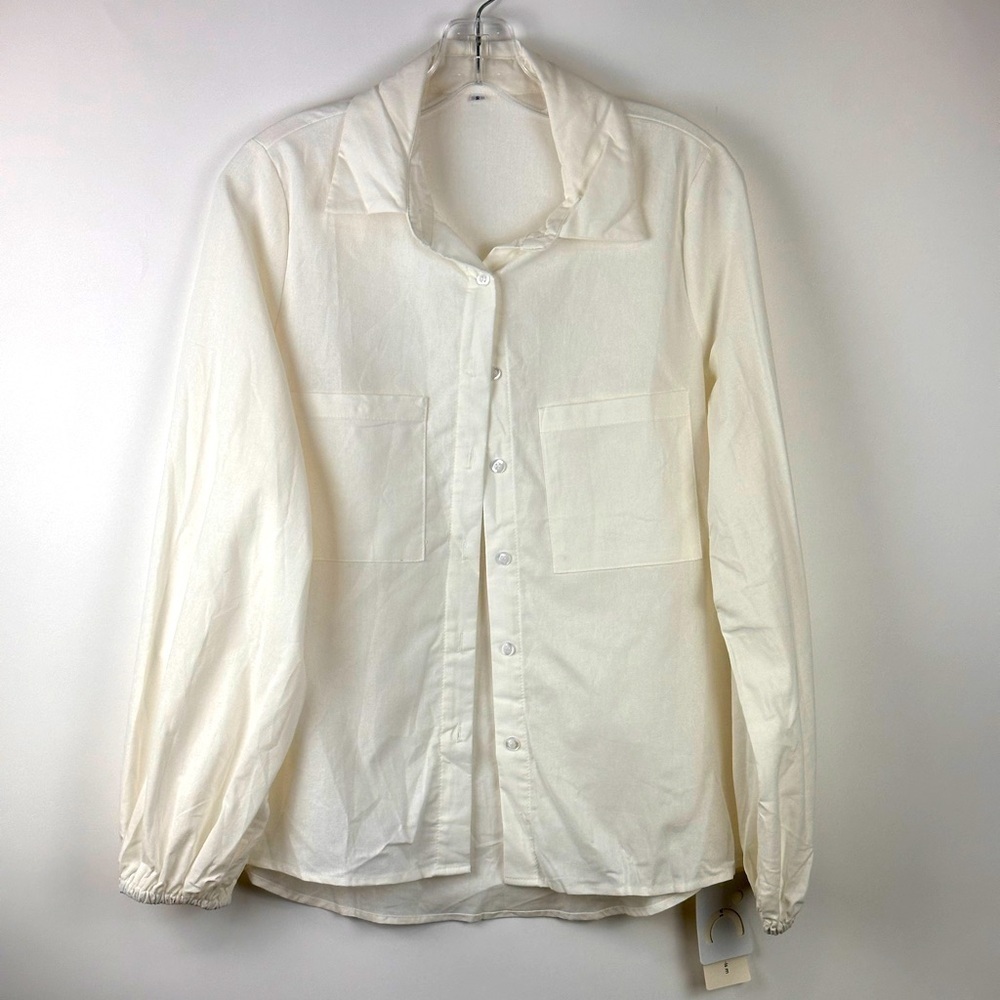 Women's Solid Cotton & Linen Button Down Shirt with Cinched Sleeves - Picture 1 of 6